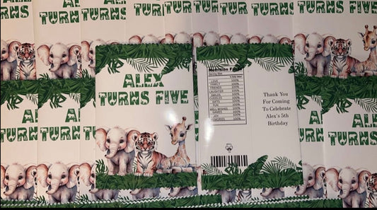 PERSONALISED SAFARI THEME EMPTY CRISP PACKET PARTY FAVOURS - ANY THEME