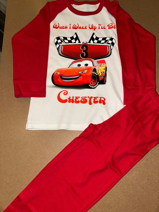 PERSONALISED LIGHTENING MCQUEEN BIRTHDAY PYJAMAS - WHEN I WAKE UP ILL BE KIDS PJS