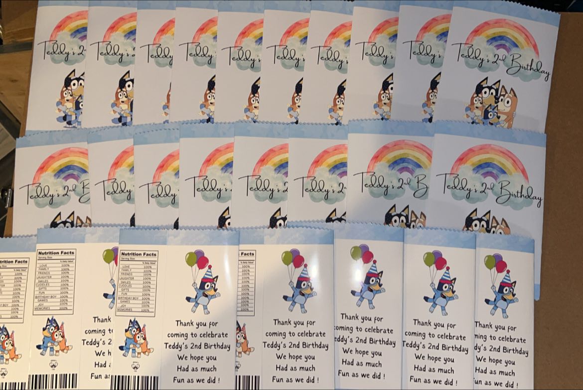 PERSONALISED CRISP PACKET PARTY FAVOURS - ANY THEME BLUEY EMPTY BAG