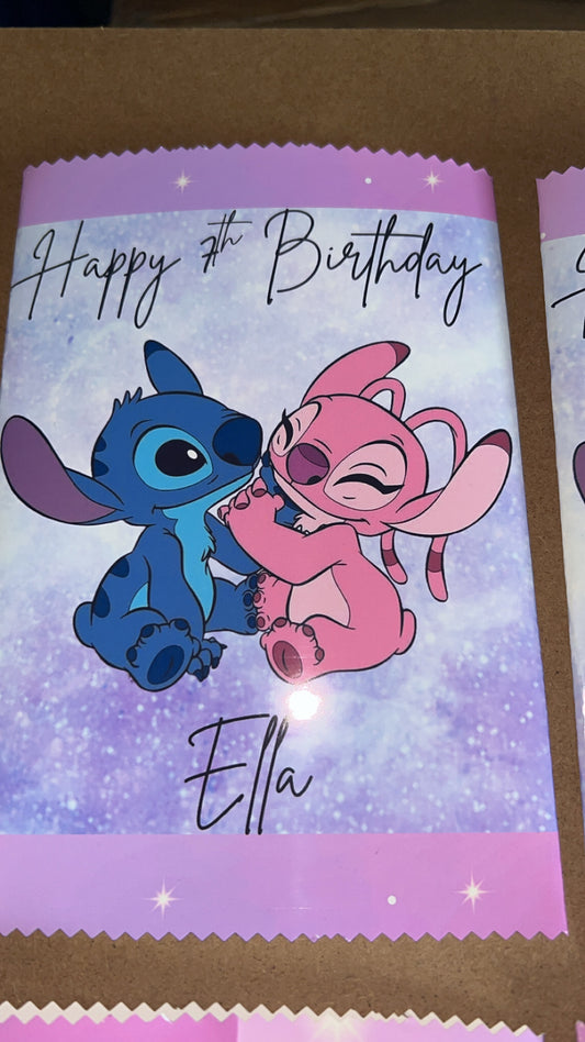 PERSONALISED STITCH AND ANGEL CRISP PACKET PARTY FAVOURS - ANY THEME