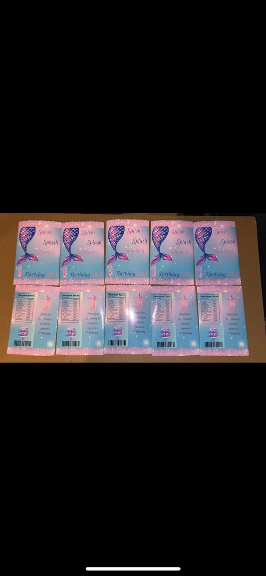 PERSONALISED CRISP PACKET PARTY FAVOURS - ANY THEME MERMAID SPLISH SPASH THEME EMPTY BAG