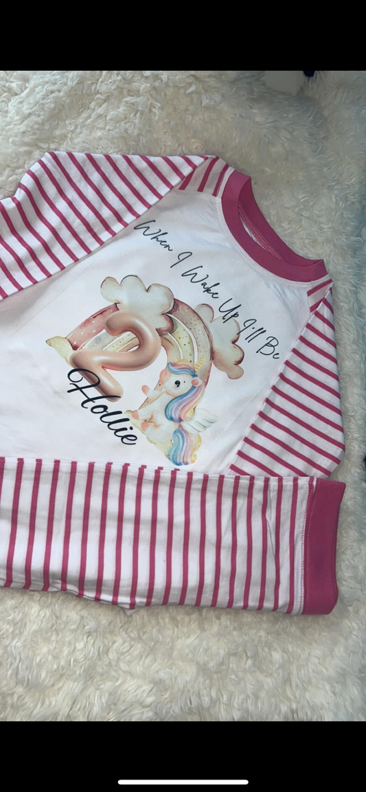 PERSONALISED UNICORN WHEN I WAKE UP BIRTHDAY PYJAMAS Upto 3-4 Years PINK STRIPED