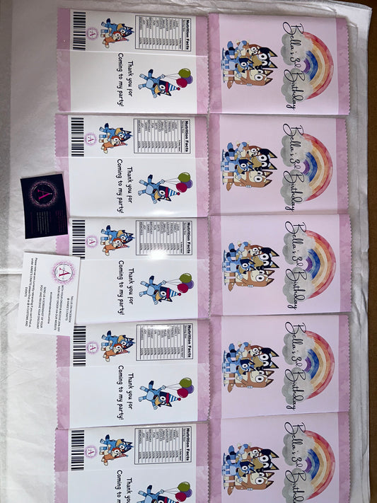 PERSONALISED CRISP PACKET PARTY FAVOURS - ANY THEME BLUEY EMPTY BAG