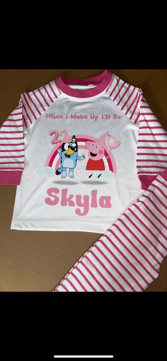 PERSONALISED PEPPA PIG X BLUEY BIRTHDAY PYJAMAS Upto 3-4 Years PINK STRIPED