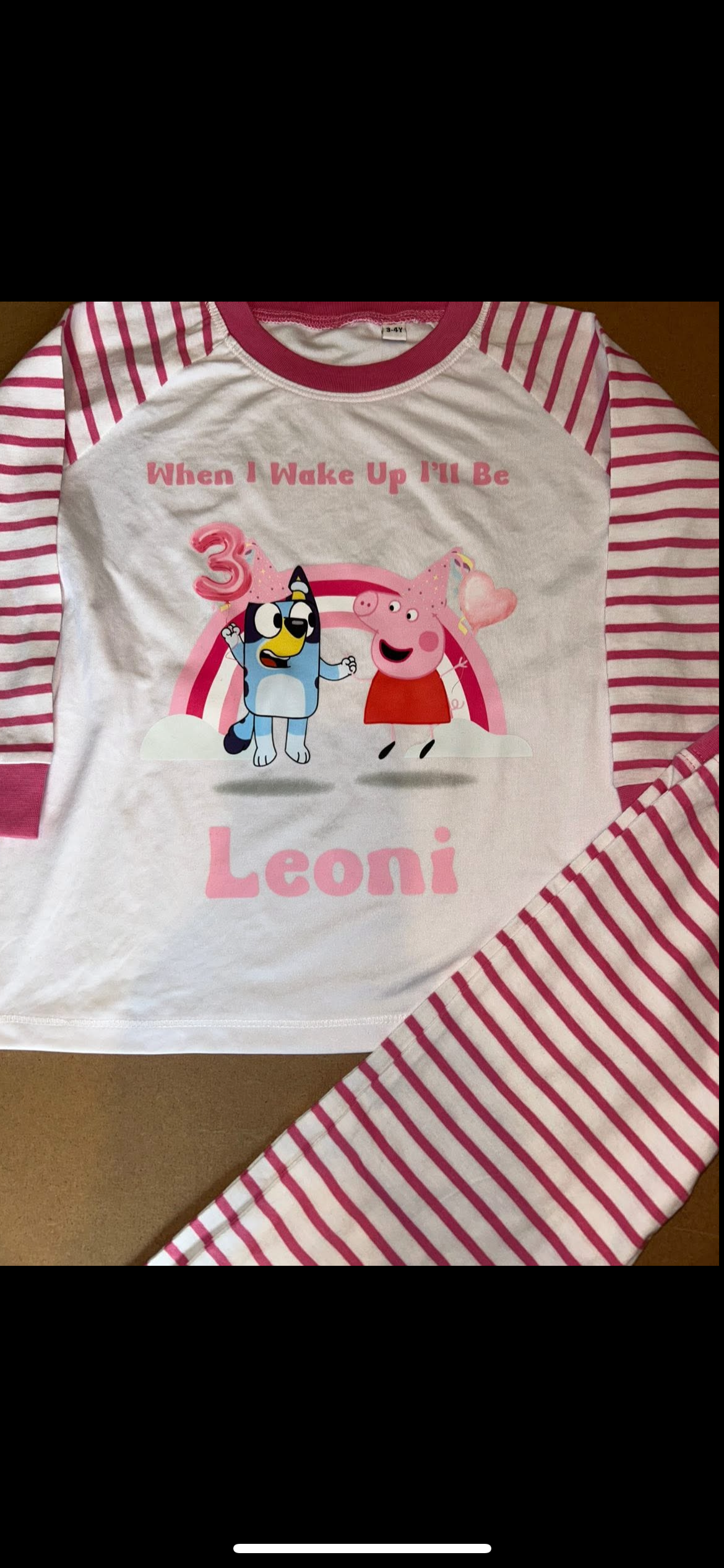 PERSONALISED PEPPA PIG X BLUEY BIRTHDAY PYJAMAS Upto 3-4 Years PINK STRIPED