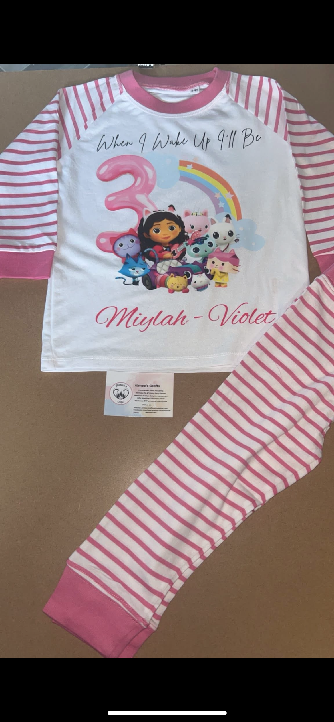PERSONALISED GABBYS DOLL HOUSE BIRTHDAY PYJAMAS Upto 3-4 Years PINK STRIPED
