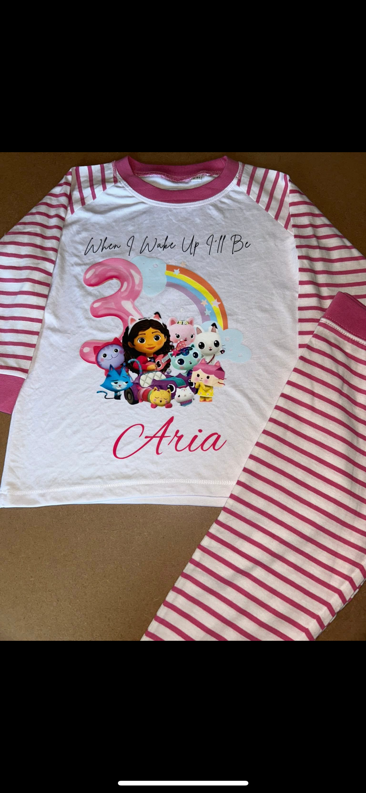 PERSONALISED GABBYS DOLL HOUSE BIRTHDAY PYJAMAS Upto 3-4 Years PINK STRIPED