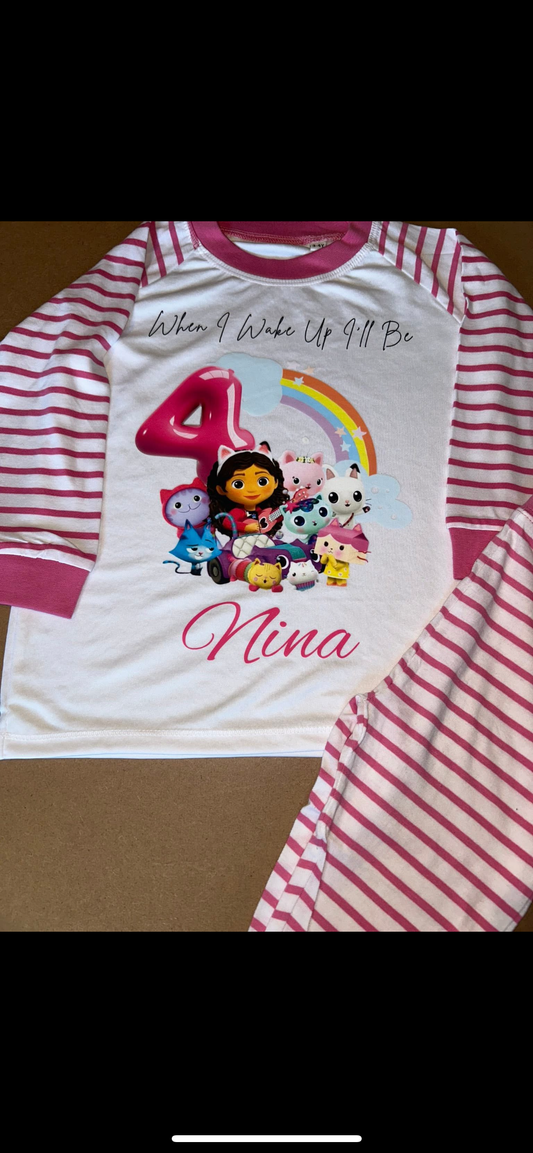 PERSONALISED GABBYS DOLL HOUSE BIRTHDAY PYJAMAS Upto 3-4 Years PINK STRIPED