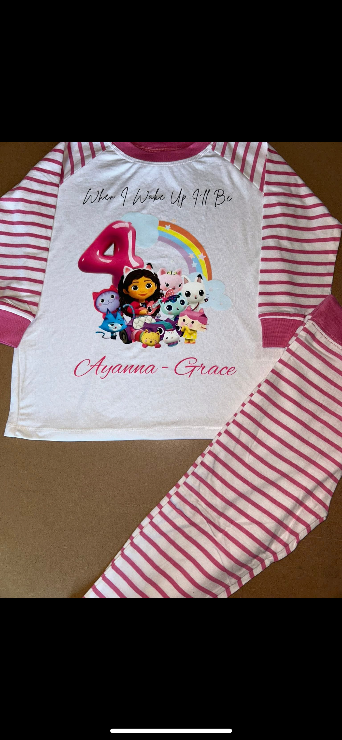 PERSONALISED GABBYS DOLL HOUSE BIRTHDAY PYJAMAS Upto 3-4 Years PINK STRIPED