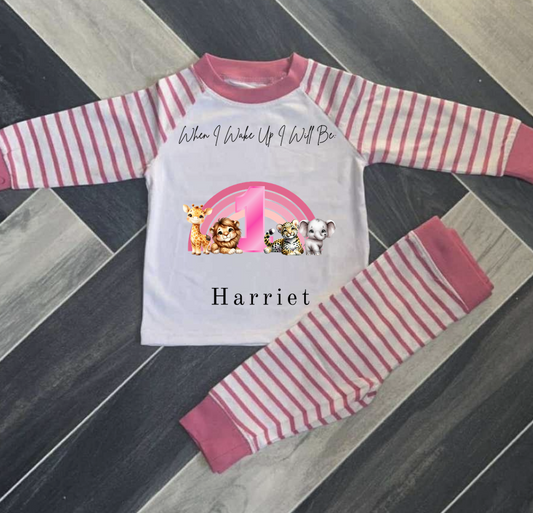 PERSONALISED SAFARI BABY ANIMAL BIRTHDAY PYJAMAS PINK OR BLUE UPTO 3-4 Y
