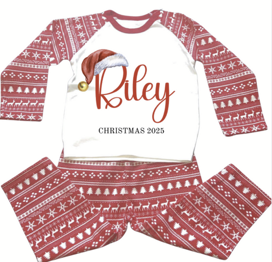 PERSONALISED CHRISTMAS KIDS PYJAMAS- CHRISTMAS SANTA HAT DESIGN