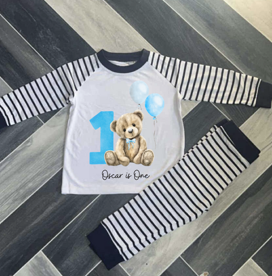 PERSONALISED TEDDY BEAR BIRTHDAY PYJAMAS PINK OR BLUE UPTO 3-4 Y LARGER AVAILABL
