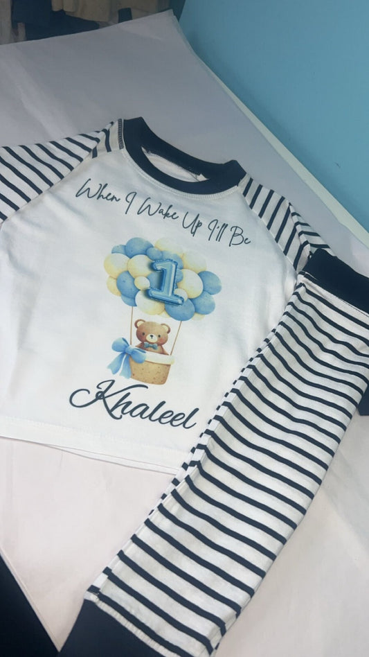 PERSONALISED BEAR IN  BALLOON BIRTHDAY PYJAMAS PINK OR BLUE UPTO 3-4 Y