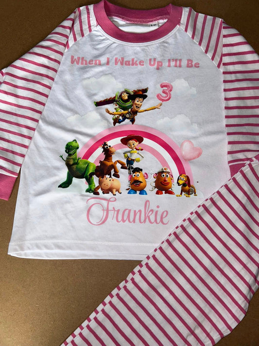 PERSONALISED TOY STORY BIRTHDAY PYJAMAS PINK OR BLUE UPTO 3-4 Y