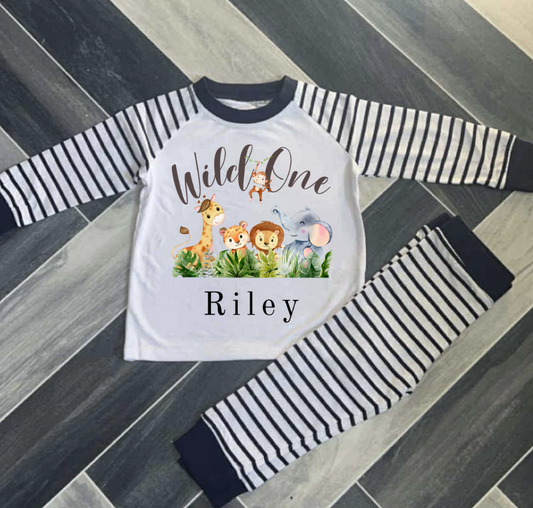 PERSONALISED WILD ONE SAFARI BIRTHDAY PYJAMAS PINK OR BLUE UPTO 3-4 Y
