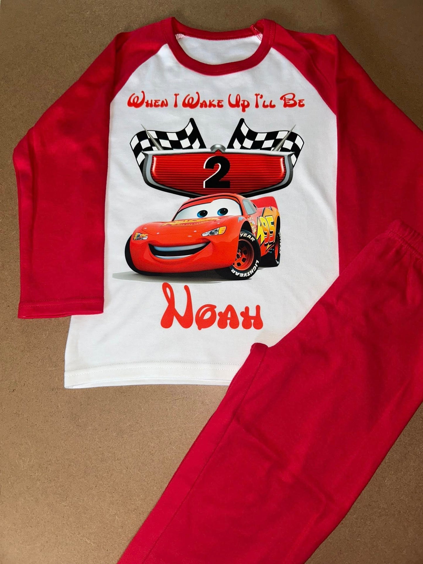 PERSONALISED LIGHTENING MCQUEEN BIRTHDAY PYJAMAS - WHEN I WAKE UP ILL BE KIDS PJS