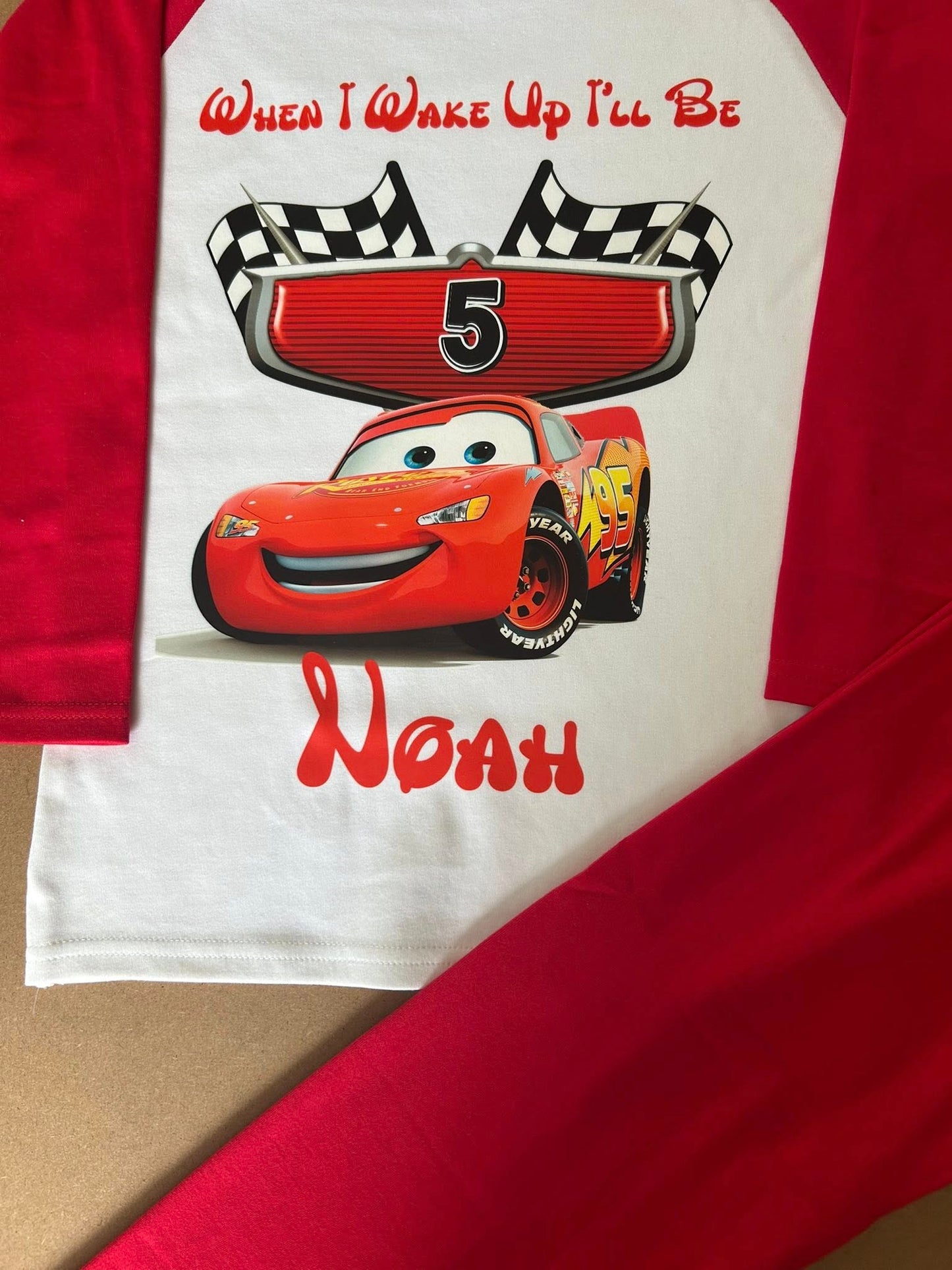 PERSONALISED LIGHTENING MCQUEEN BIRTHDAY PYJAMAS - WHEN I WAKE UP ILL BE KIDS PJS
