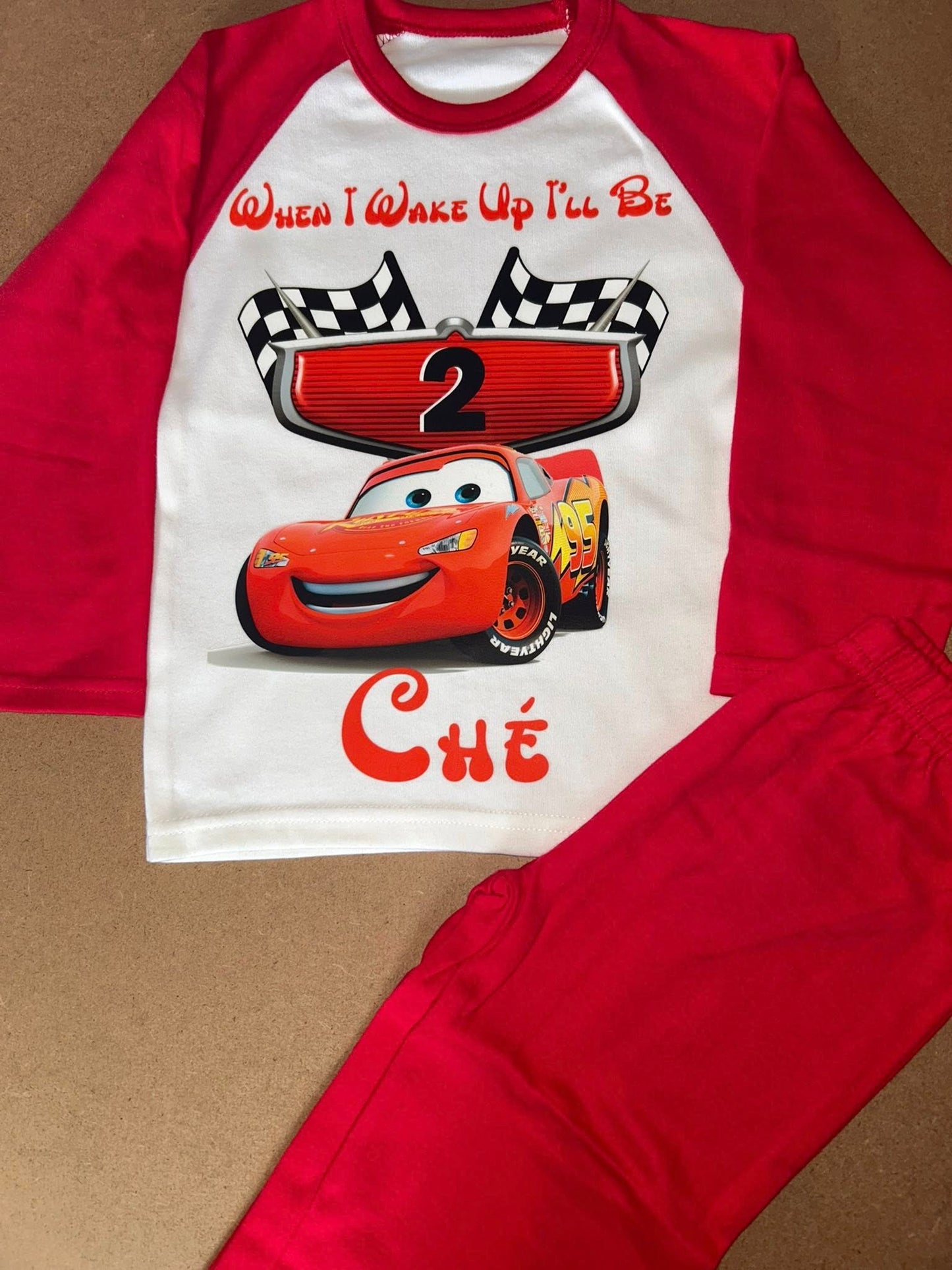 PERSONALISED LIGHTENING MCQUEEN BIRTHDAY PYJAMAS - WHEN I WAKE UP ILL BE KIDS PJS