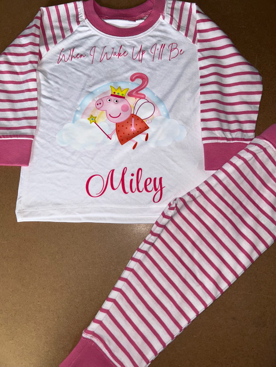 PERSONALISED PEPPA PIG BIRTHDAY PYJAMAS PINK STRIPED UPTO 3-4 Y