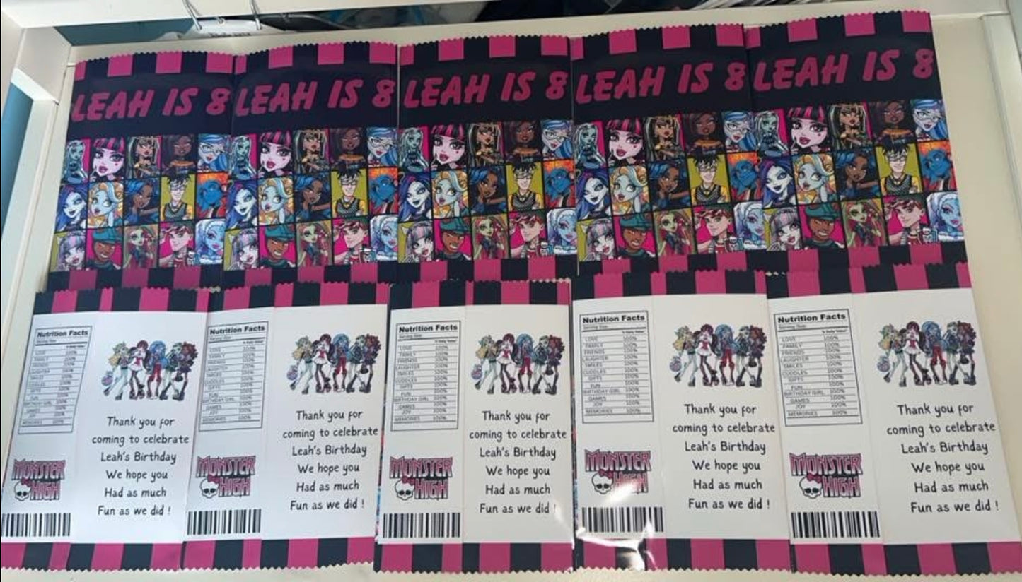 PERSONALISED CRISP PACKET PARTY FAVOURS - ANY THEME MONSTER HIGH