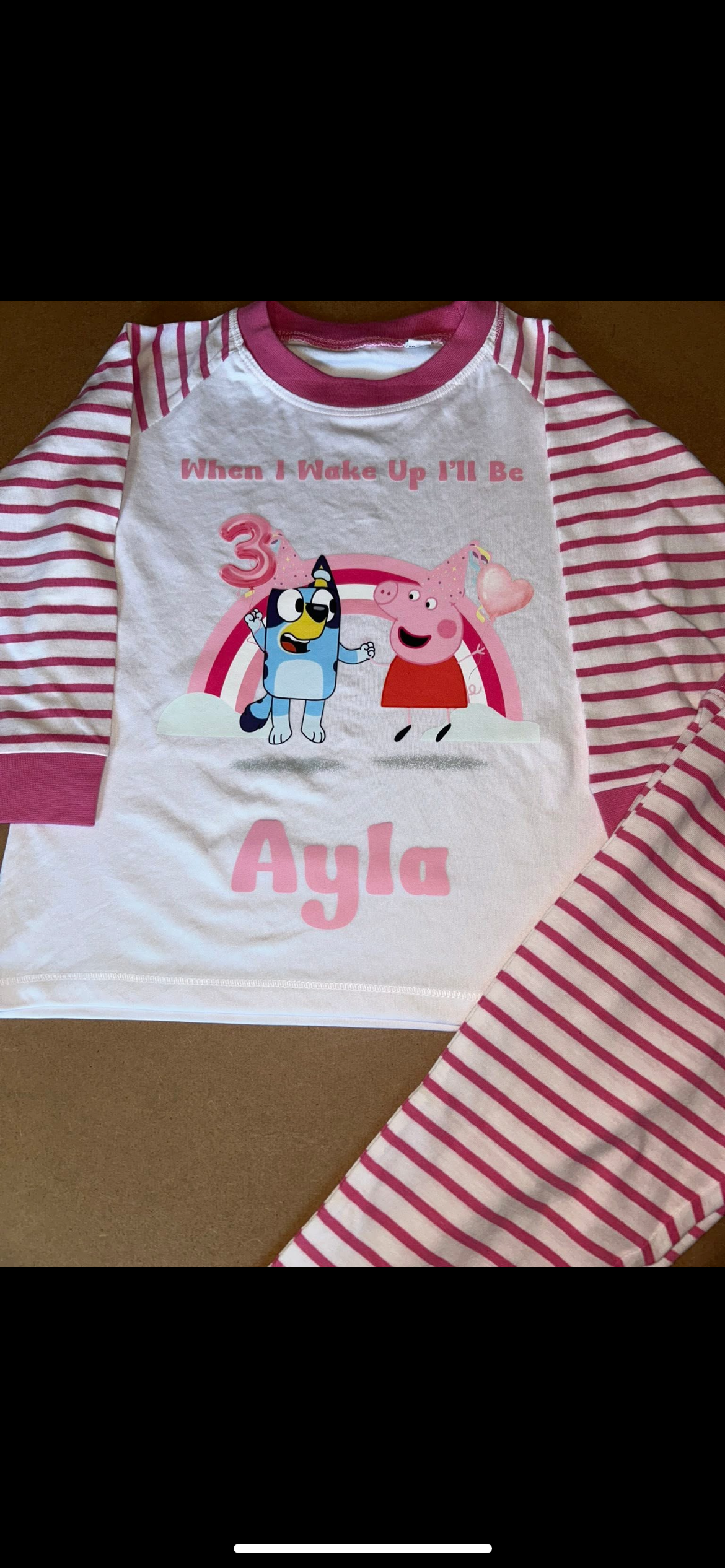PERSONALISED PEPPA PIG X BLUEY BIRTHDAY PYJAMAS Upto 3-4 Years PINK STRIPED