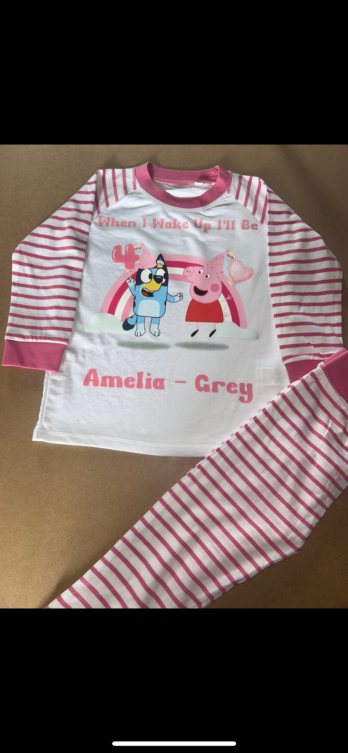 PERSONALISED PEPPA PIG X BLUEY BIRTHDAY PYJAMAS Upto 3-4 Years PINK STRIPED