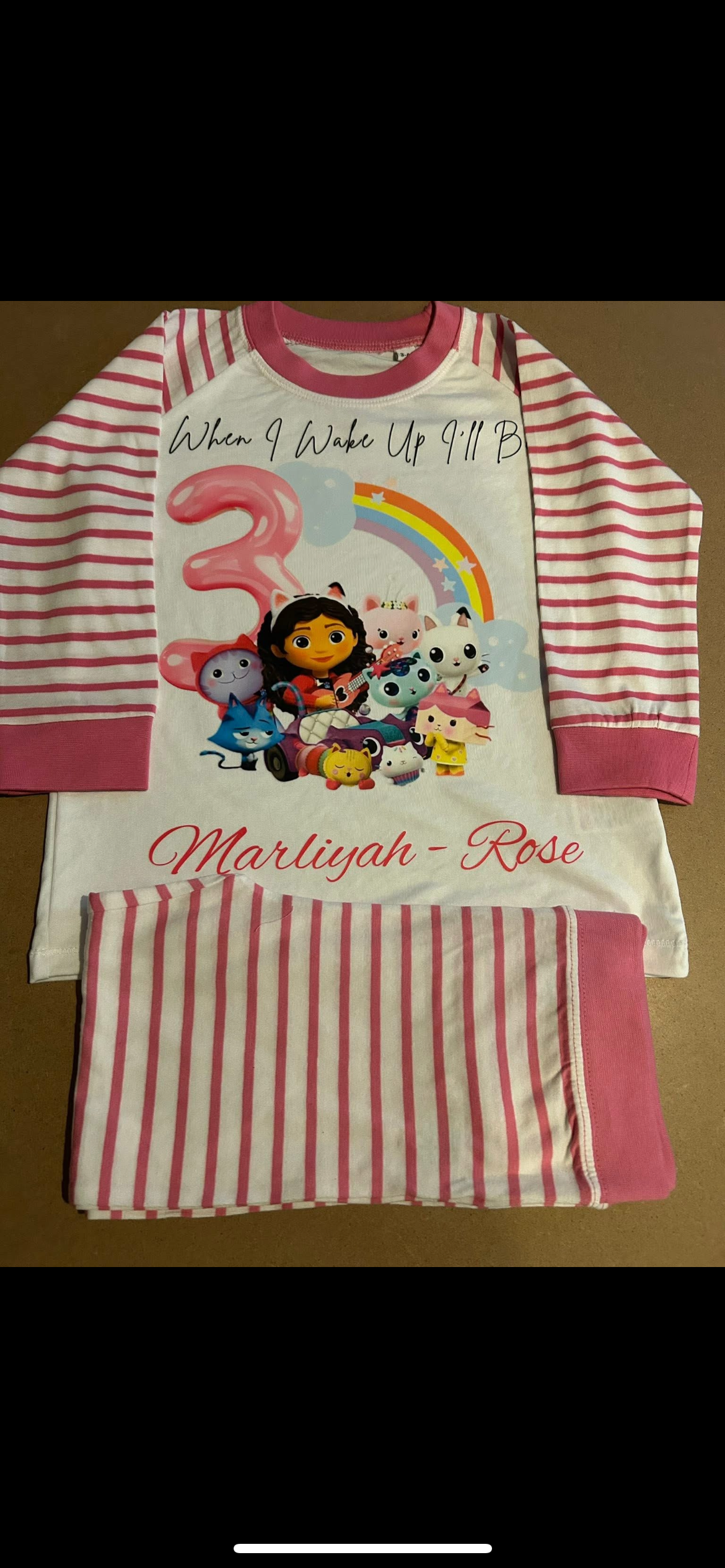 PERSONALISED GABBYS DOLL HOUSE BIRTHDAY PYJAMAS Upto 3-4 Years PINK STRIPED
