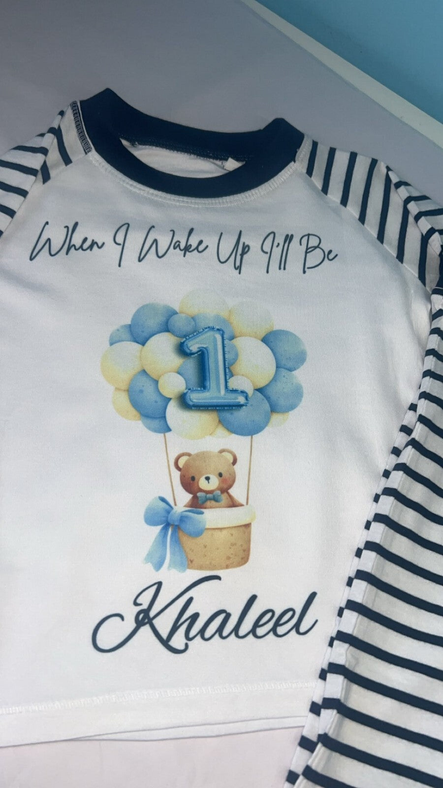 PERSONALISED BEAR IN  BALLOON BIRTHDAY PYJAMAS PINK OR BLUE UPTO 3-4 Y