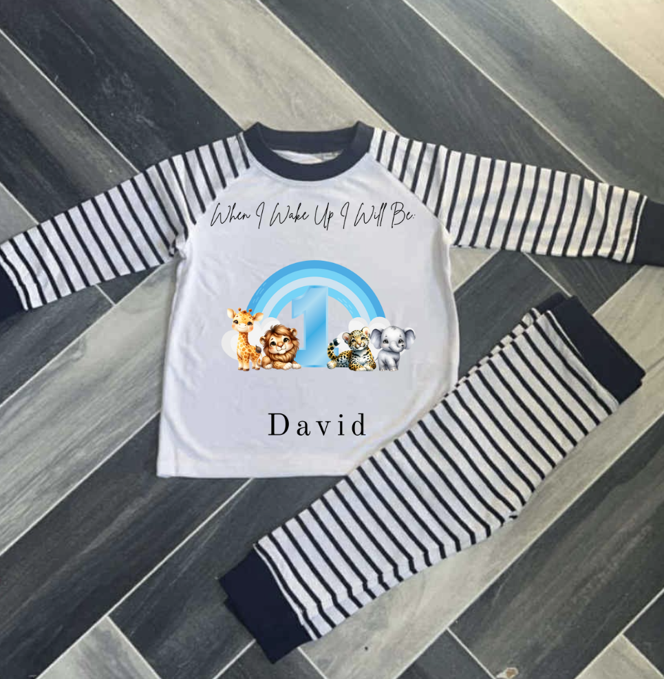 PERSONALISED SAFARI BABY ANIMAL BIRTHDAY PYJAMAS PINK OR BLUE UPTO 3-4 Y